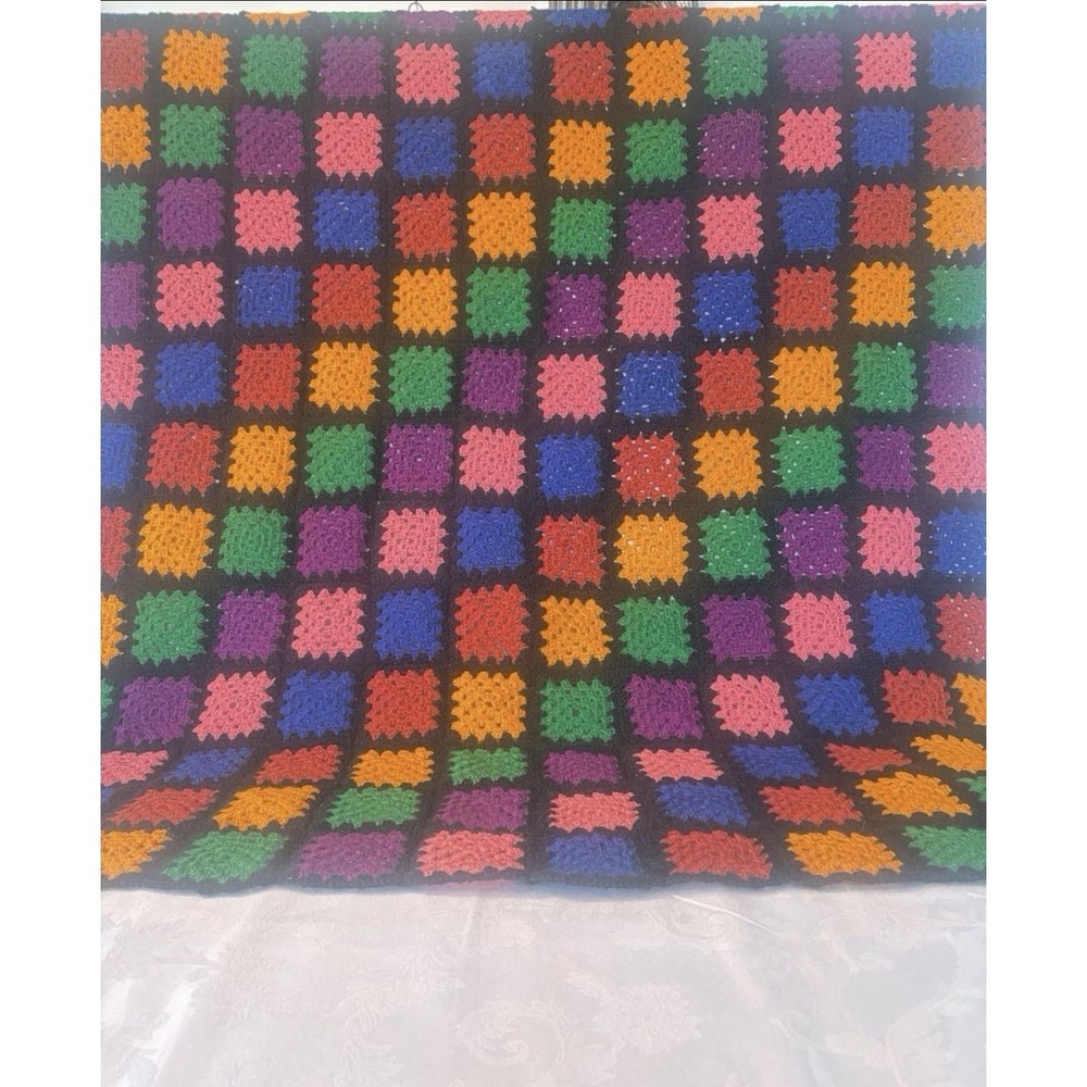Colorful Multicolored Handmade Granny Sq Crochet Afghan Blanket 66 x 46 Inches - Picture 2 of 5